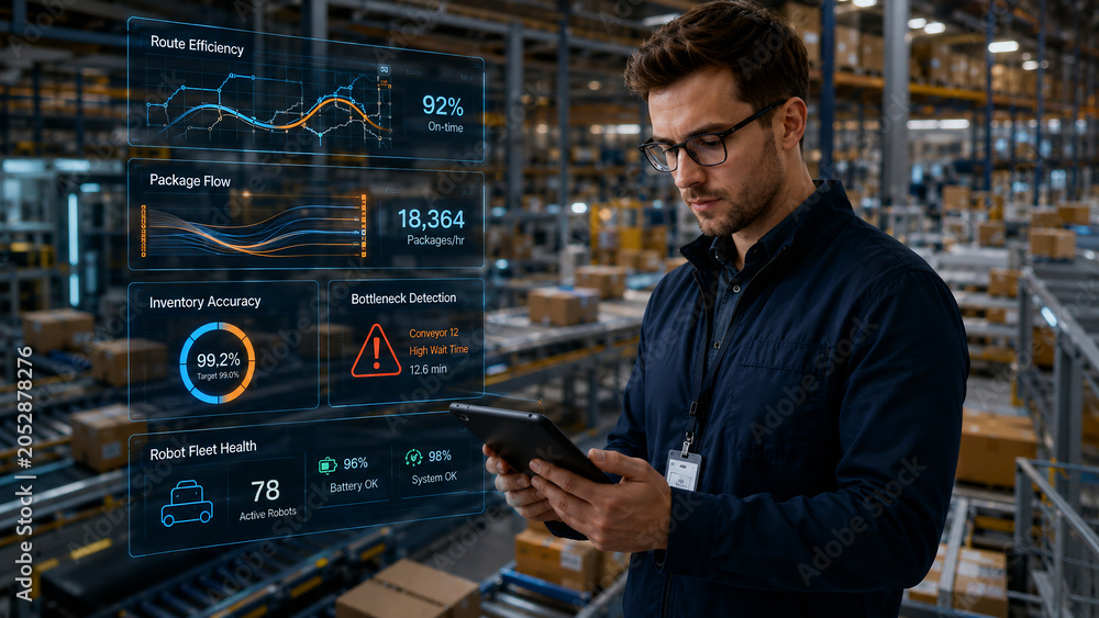 Warehouse Manager Using Digital Tablet and Futuristic HUD Interface for Logistics Management