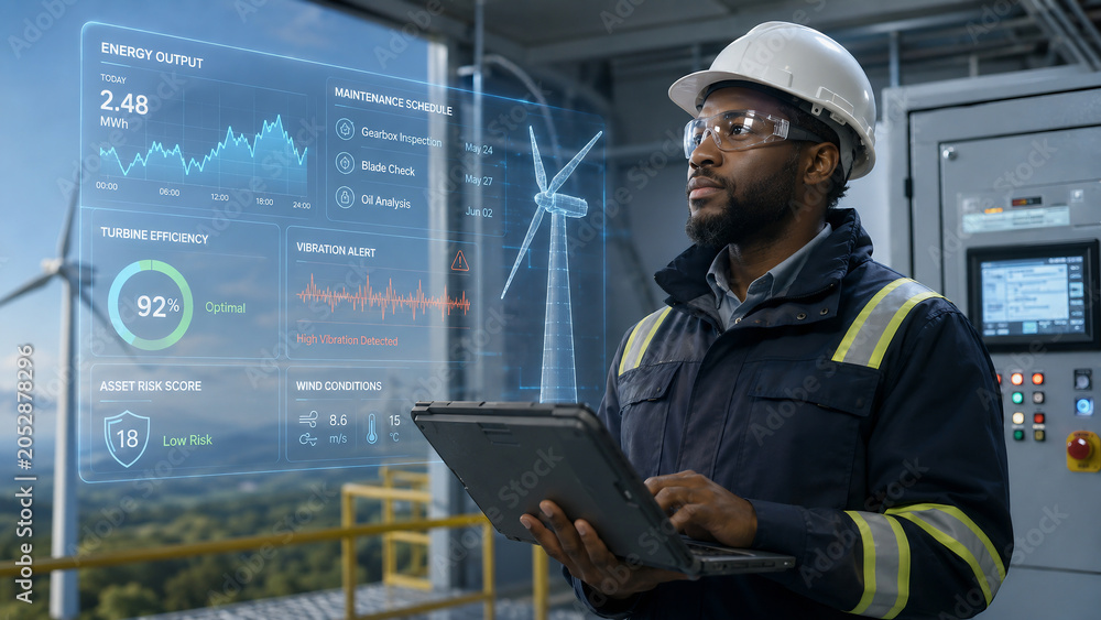 African American Engineer Monitoring Wind Turbine Performance via Holographic Interface