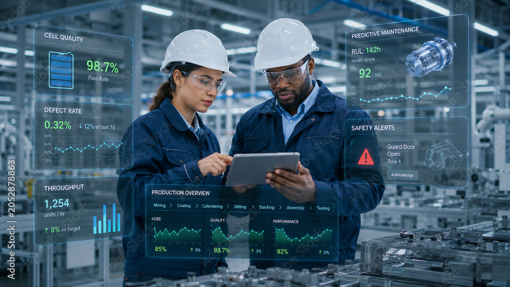 Industrial engineers analyzing production data on a tablet with futuristic holographic interfaces in a smart factory