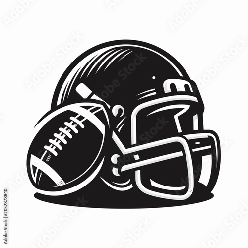 American football helmet and ball in monochrome design, sports equipment concept