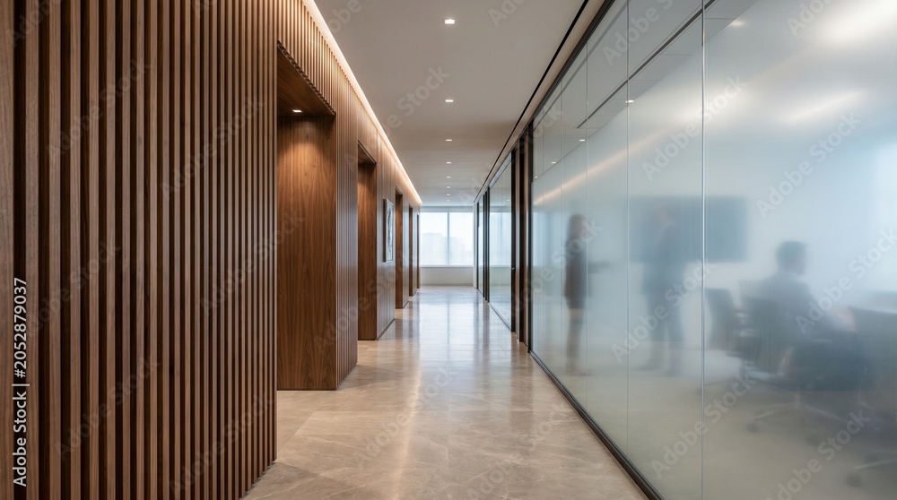 Naklejka premium Modern office corridor with wooden slats and frosted glass walls, corridor