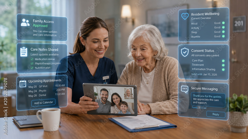 Nurse and Senior Woman using Digital Health Tablet with Futuristic Interface Overlay
