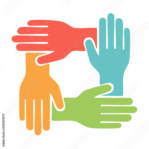 Colorful hands reaching towards each other in flat design