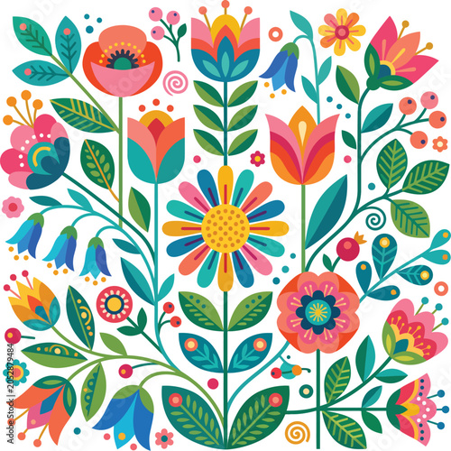Ornate polish folk art flower pattern with vibrant colors and symmetric botanical motifs isolated on transparent background vector illustration.