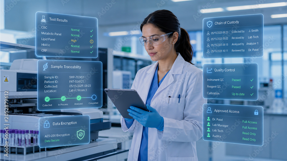 Female scientist in high-tech laboratory using tablet with holographic data interfaces