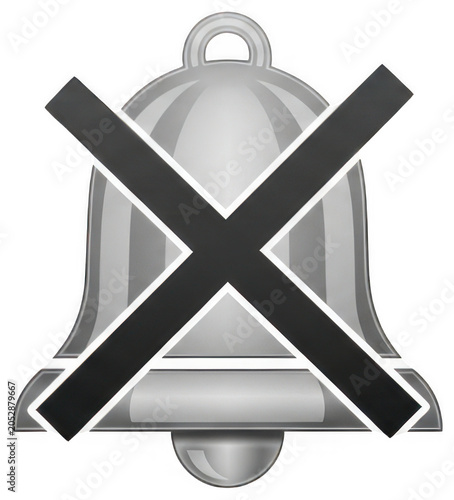 Metallic silver bell icon with a bold black cross for muted sound isolated transparent background image
