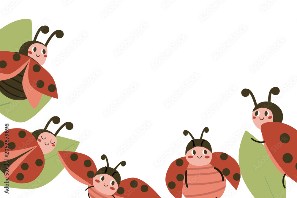 Fototapeta premium Cute Ladybug border frame in cartoon flat style. Baby ladybird on leaves. Red bug set in Childish style. Can used for kids designs, posters and wallpapers, education cards.