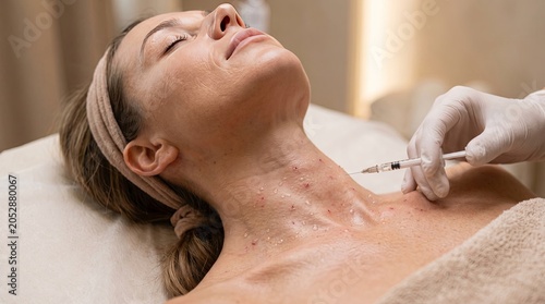 Woman receiving cosmetic injections to neck and décolletage during clinical treatment