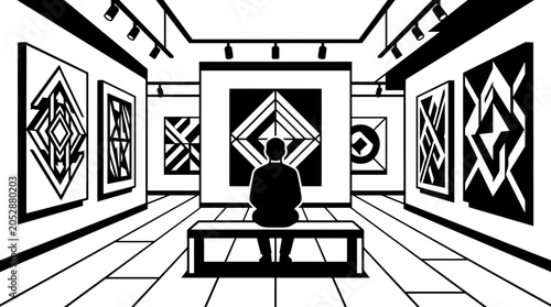 Obraz na plátně A solitary figure sitting on a bench in an art gallery viewing geometric paintings