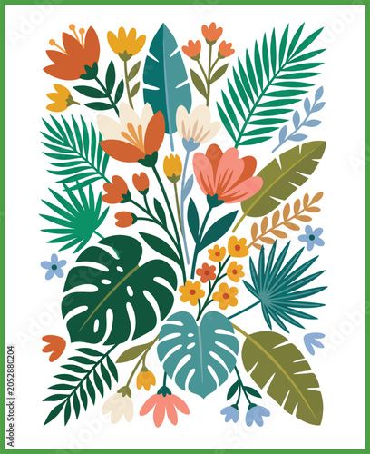 Floral pattern with colorful exotic flowers and tropical leaves for textile design wallpaper background summer garden nature illustration.