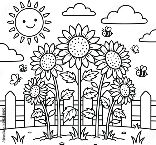 Coloring page of sunflowers in garden with cute bees butterflies and smiling sun in sky over wooden fence landscape line art illustration.