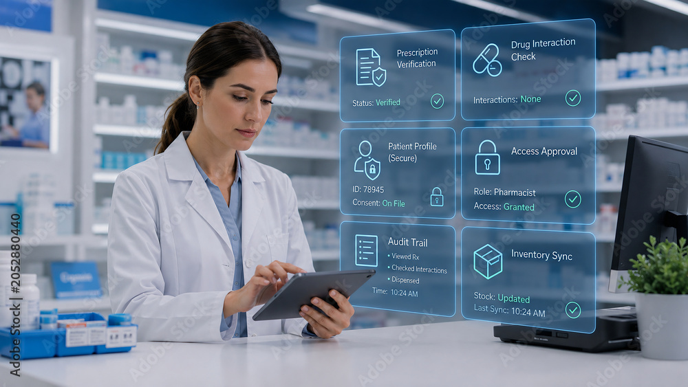 Female Pharmacist Using Tablet with Futuristic Digital Health Interface in Modern Pharmacy