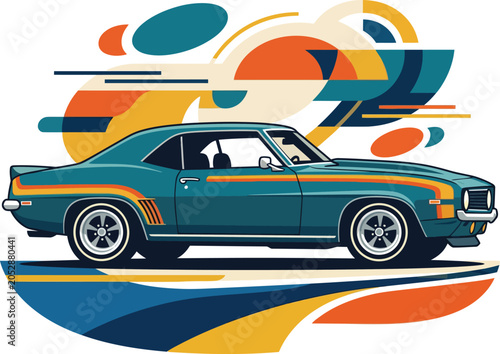 Retro car design with geometric shapes and abstract elements creating a vibrant, dynamic background and sense of motion.