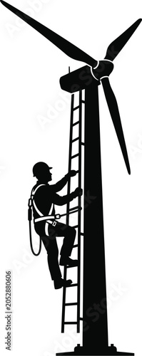 Silhouette of a worker climbing a ladder on a wind turbine, symbolizing renewable energy and industrial maintenance.