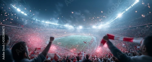 Exciting football world cup soccer match with passionate fans cheering in a large illuminated stadium at night full of energy and celebration