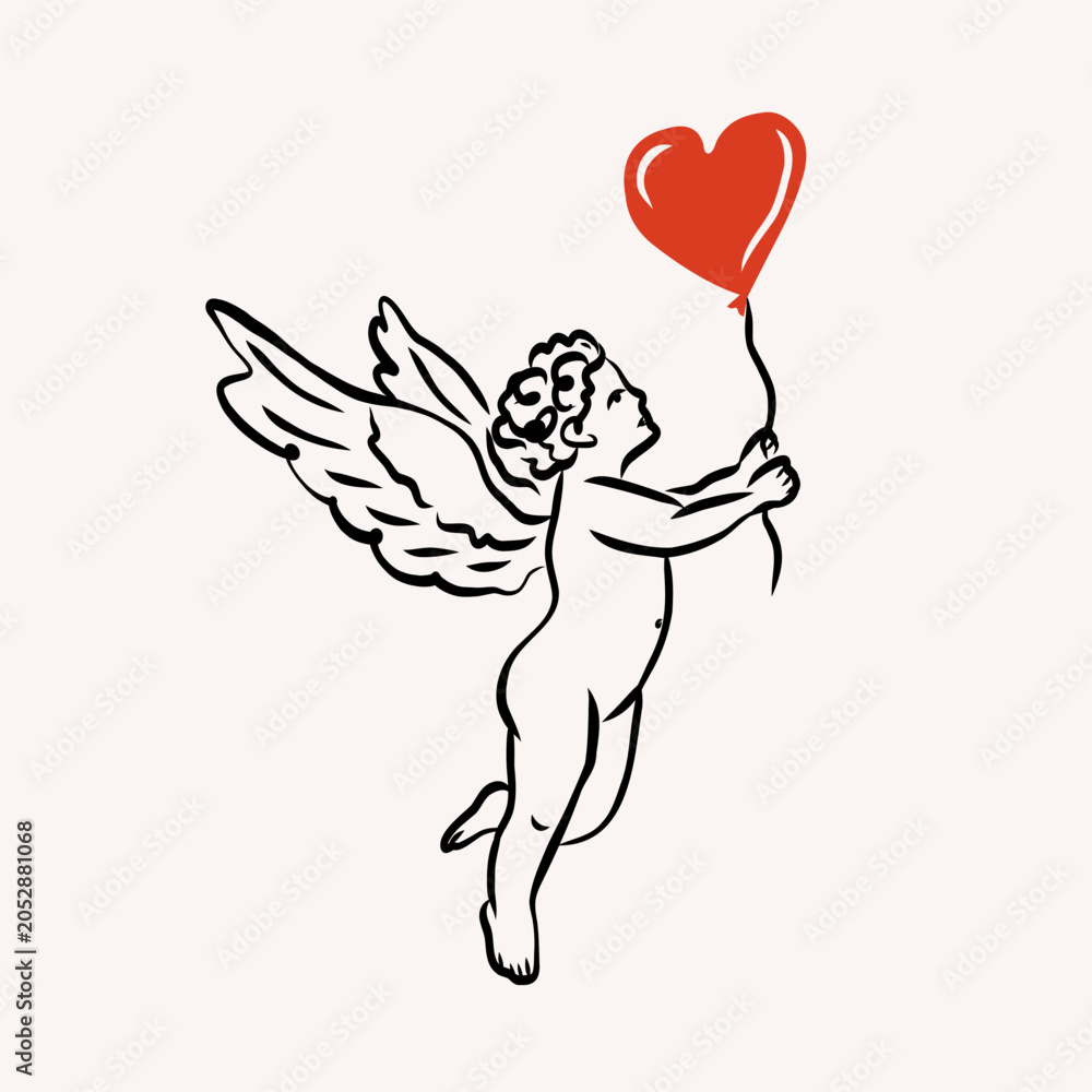 Obraz premium Line art whimsical cupid holding heart. Hand drawn cherub with wings
