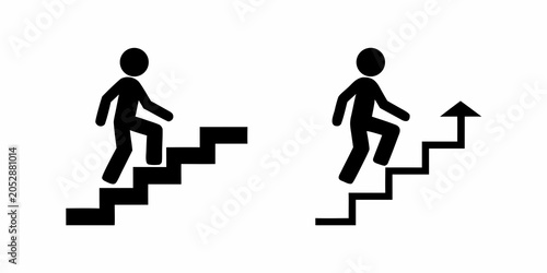 Walking person icons on stairs black silhouettes on white background
