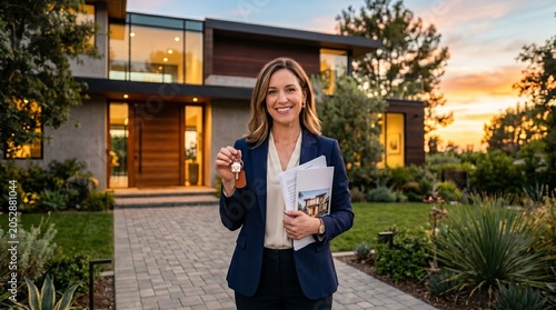 Real estate agent holding house keys in front of modern home at sunset