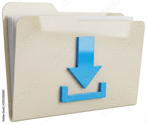 Modern beige folder icon featuring a glossy blue download arrow for file storage isolated transparent background image