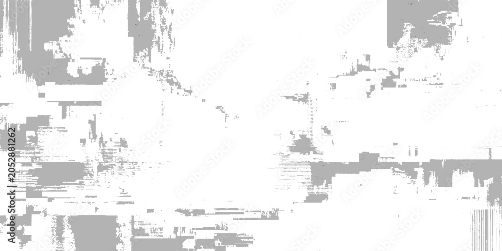 Fototapeta premium Abstract grey glitch texture on white background, pixel distortion, and fragmented shapes over a bright white backdrop.