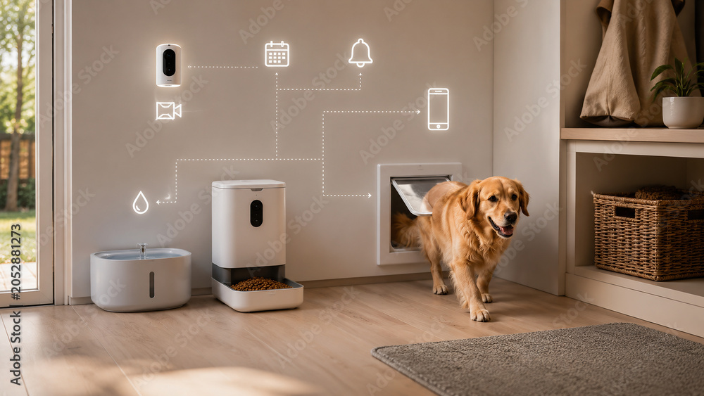 Smart Home Pet Care System with Golden Retriever Dog