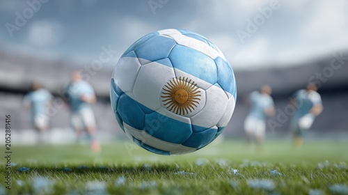 Close up of a football with Argentina flag colors and sun emblem on a soccer field with players in background