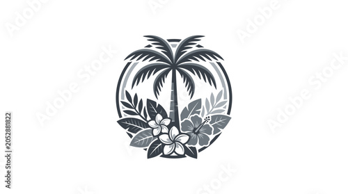 Circular palm tree emblem with sun and tropical flowers.