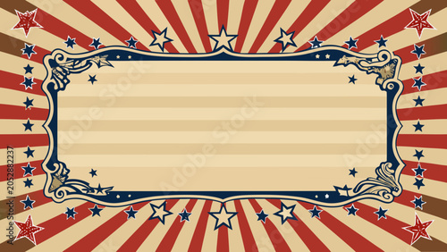 Empty space framed by american flag stripes and stars pattern. Decorative patriotic border design with rustic parchment paper. Great for holiday announcements or certificates. vector