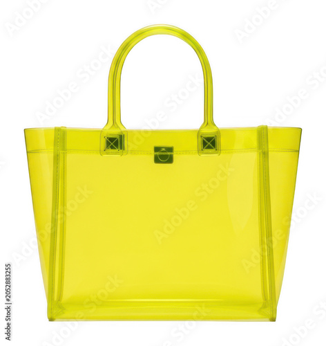 Modern neon yellow translucent jelly tote bag with top handles and thick plastic isolated transparent background image