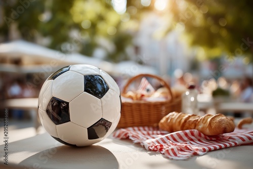 Classic black and white football on table with fresh croissants and picnic basket in sunlit outdoor cafe setting