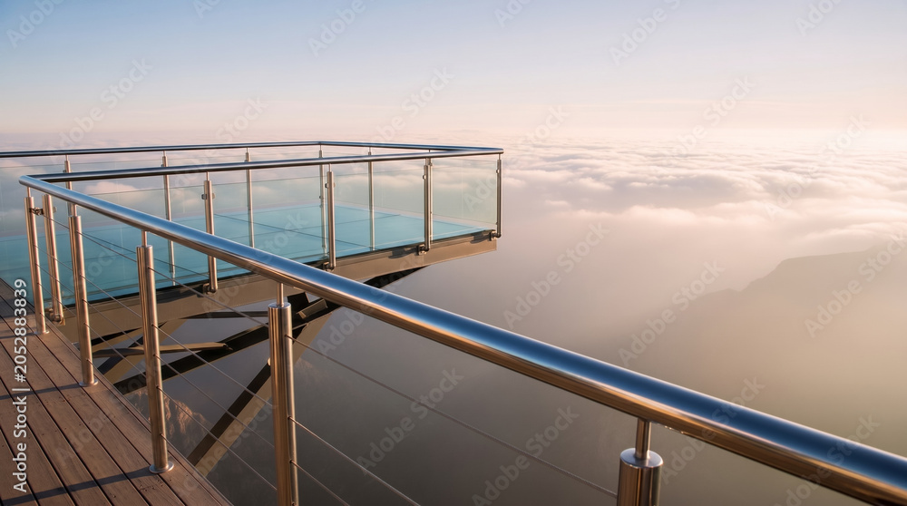 Obraz premium Modern glass observation deck over a cloudy canyon at sunrise, symbolizing visionary leadership and strategic business perspective.
