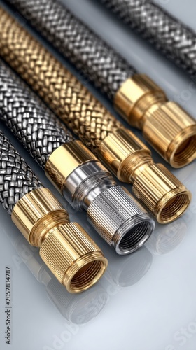Flexible braided metal hoses with brass and steel threaded connectors arranged in parallel on a reflective surface for plumbing or industrial applications