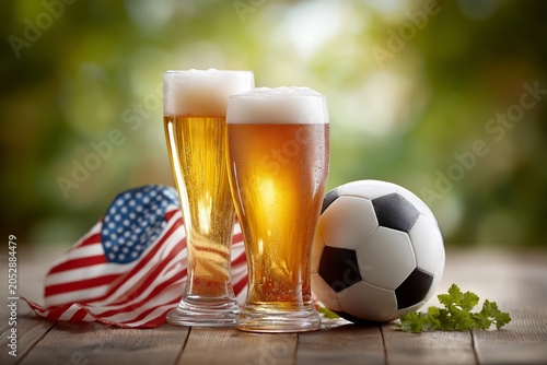Two glasses of beer with froth on wooden table next to classic black and white soccer ball and American flag for Football World Cup fans