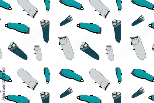 Professional pattern of barbering tools such as hair clippers, sideburn trimmers, and beard trimmers on a white background