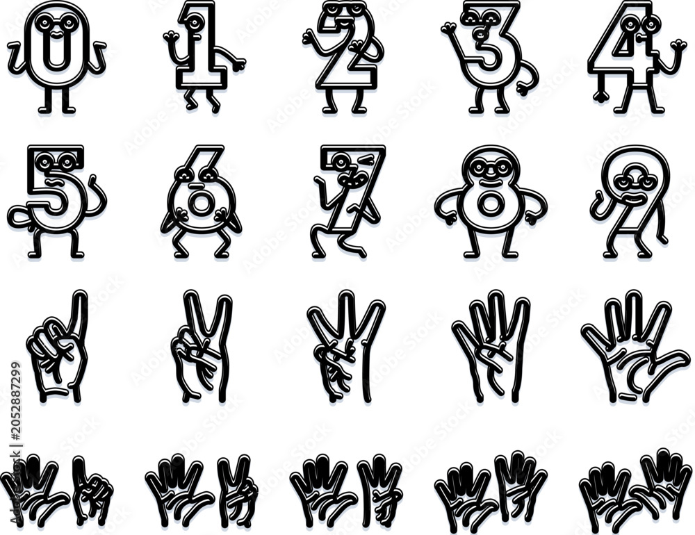 Fototapeta premium Educational collection of black and white cartoon digit characters 0 9 with arms and legs, alongside various hands showing number counting gestures up to ten