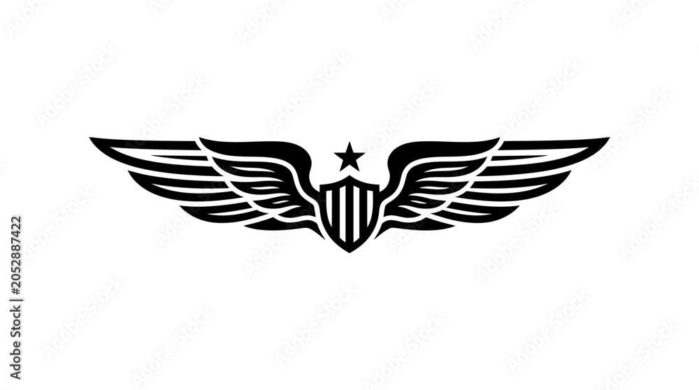 Fototapeta premium Black and white winged shield emblem with star symbol