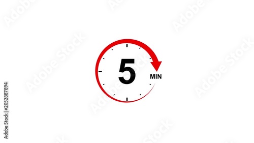 Red circular timer icon with number 5 and minutes abbreviation on white background 10 minutes clock