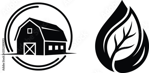 Barn and leaf icons in black and white illustrations