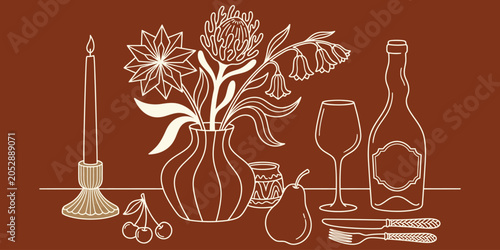 Photos Minimalist line art still life vector illustration of a flower vase wine bottle