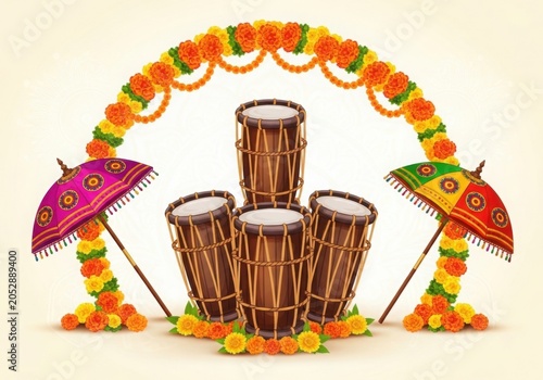 Traditional Kerala Chenda Drums with Floral Festival Decoration