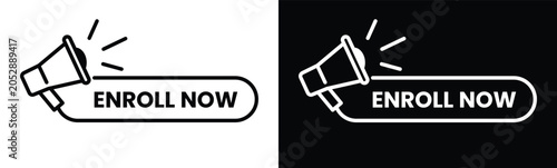 Obraz na płótnie Megaphone icon with enroll now text linear style on contrasting backgrounds spea