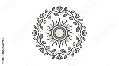 Ornate sun symbol surrounded by a decorative leafy wreath.