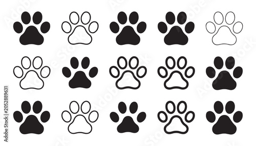 Paw print set of pet silhouette icons cat or dog animal foot traces vector collection.