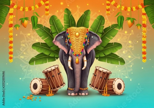 Traditional Kerala Festival Elephant with Chenda Drums and Tropical Banana Leaves