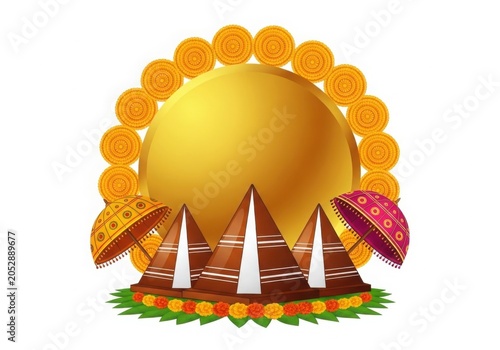 Happy Onam Festival Celebration Concept with Golden Sun and Traditional Elements