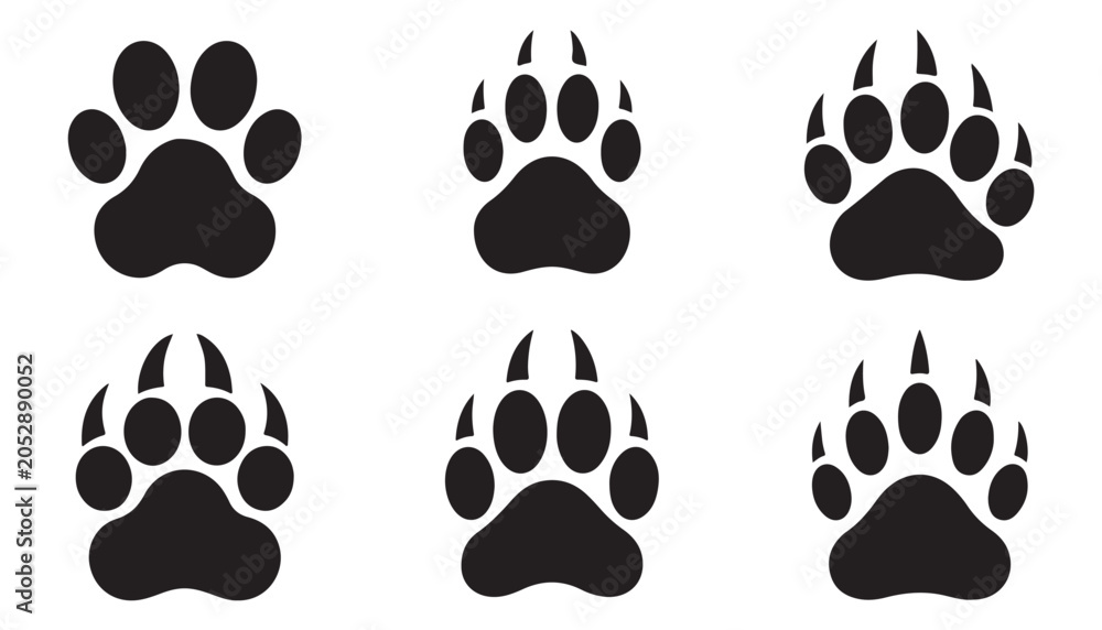 Fototapeta premium Paw prints set bear dog cat animal footprints collection silhouette vector graphic design.