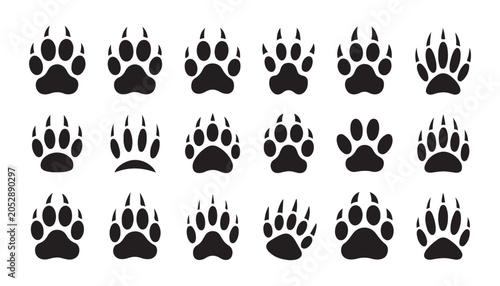 Foto Predatory animal paw prints set with sharp claws grizzly bear wolf tiger mountain lion tracks black