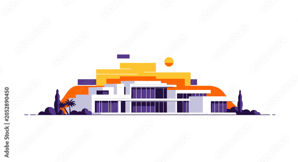 Naklejka premium Modern Luxury Villa Architecture, Minimalist Design, Sunny Day, Palm Trees