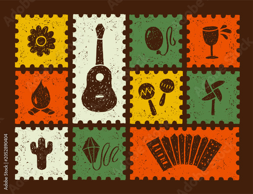Festa Junina carnival flyers with crayon icons of summer festival in frames. Music party posters with accordion, guitar, bonfire, drum and lantern drawn with bright chalk, vector illustration