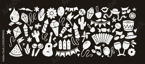 Festa Junina carnival icons with crayon texture. Music party set with accordion, guitar, bonfire, drum and lantern drawn with black chalk, vector illustration
